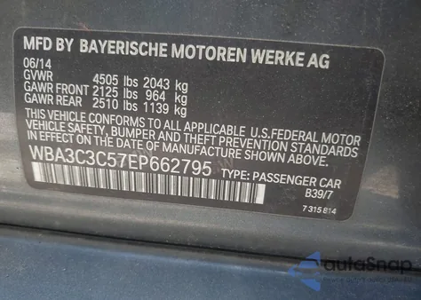 2014 BMW 320I xDrive from USA, damaged, VIN WBA3C3C57EP662795